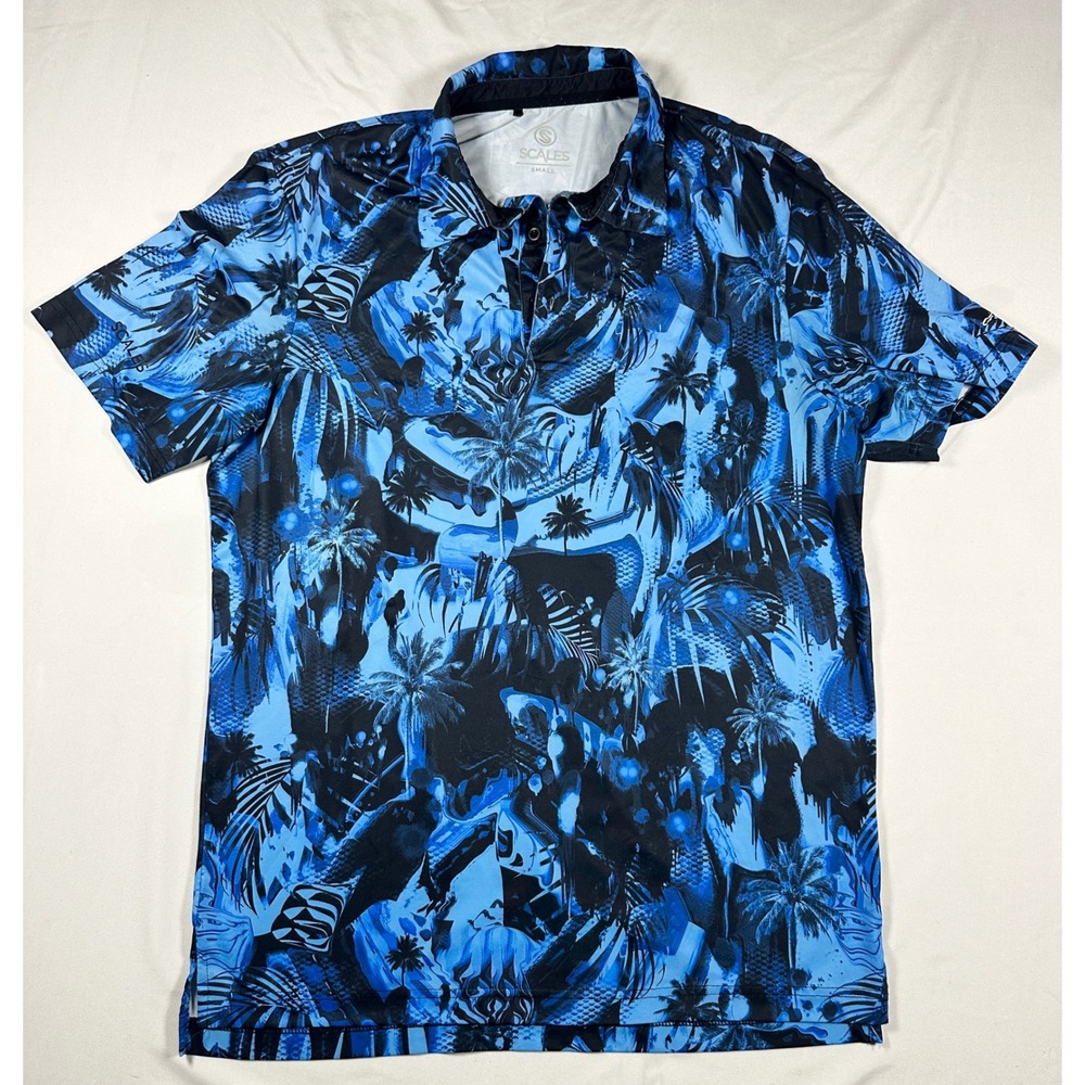 Scales Mens Performance Polo Shirt Blue Tropical Palm Tree Nautical Print Small